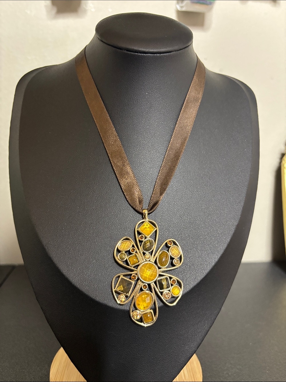 Amber-Tone Flower Pendant Gold Tone Necklace on Brown Ribbon
